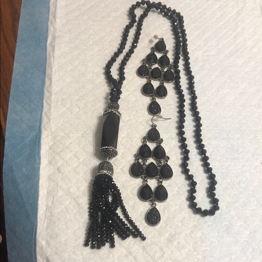 Vintage Black Beaded Tassel Necklace with Matching Chandelier Earrings